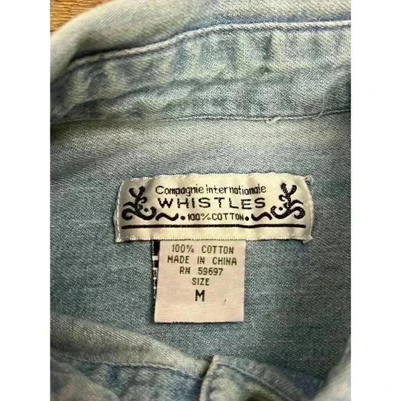 Vtg 80's Whistles Pearl Snap Denim Button Up Shirt Bear Embroidered Size M - Picture 3 of 12